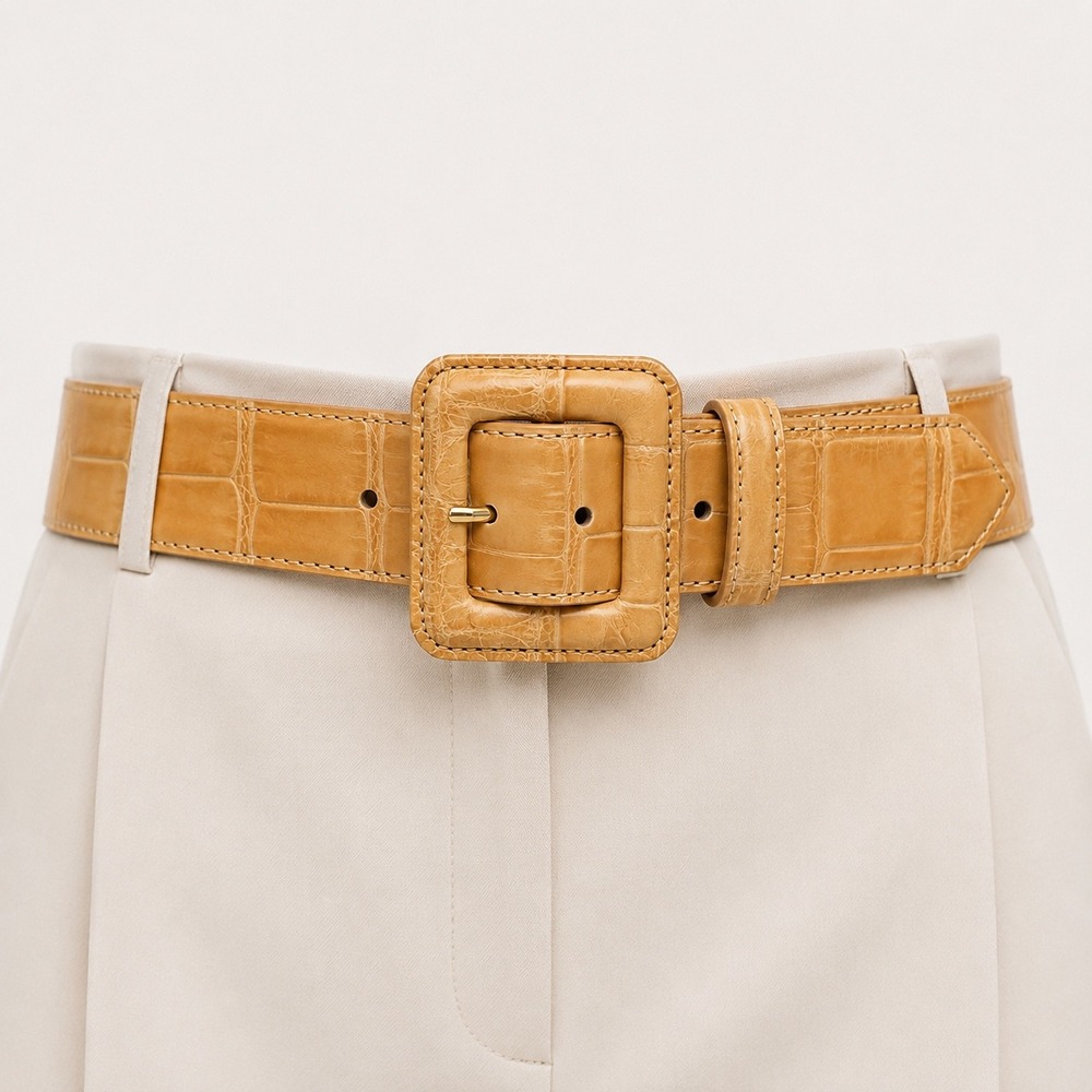 Tardini Genuine American Alligator Belt Womens Size 36 Honey Tan Exotic Leather